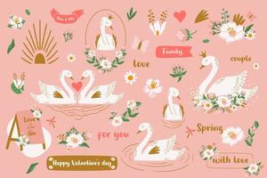 bloemen roze zwaan reeks met paar- van vogelstand in liefde, zinnen, prinses, kroon, bloemen, lijsten, hart geïsoleerd elementen. schattig tekenfilm gans vogel voor bruiloft, valentijnsdag dag. vector illustratie verzameling