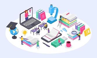 online onderwijs concept. Universiteit studenten aan het studeren Bij huis gebruik makend van computer. isometrische online cursussen, virtueel aan het leren vector illustratie