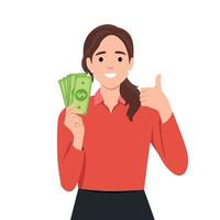 illustratie met een zakenvrouw Holding een paar van papier rekeningen en aan het doen een duimen omhoog vector
