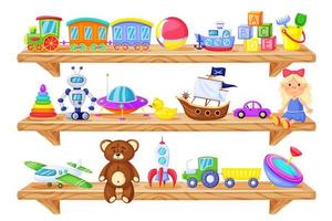 speelgoed Aan planken. tekenfilm houten op te slaan plank met kinderen speelgoed baby pop, trein, robot, teddy beer, raket. kinderen plastic speelgoed- vector reeks