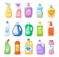 tekenfilm wasmiddel fles. schoner, bleekmiddel, ontsmettingsmiddelen, antiseptisch, vloeistof zeep. verstuiven wasmiddelen producten voor huis schoonmaak vector reeks