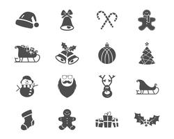 Kerst, Gelukkig Nieuwjaar en Winter pictogrammen collectie. Set van vakantie symbolen, elementen - santa, herten, geschenk, sneeuwpop, snoep, speelgoed voor web, app, ptint. Vector zwart-wit silhouet