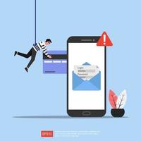 phishing concept illustratie. cybercriminaliteit en fraude online met telefoonwaarschuwingssymbool. vector