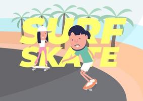 jonge jongen en meisje surfen op skateboard of surf skate. mensen op schaatsen op de strandachtergrond. grappig stripfiguur. vector