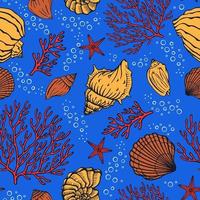 naadloze patroon met schelpen, koralen en zeesterren. mariene achtergrond. perfect voor groeten, uitnodigingen, fabricage van inpakpapier, textiel en webdesign.
