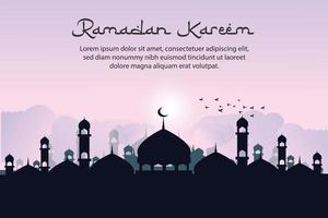 ramadan kareem islamitische groet achtergrondontwerp met silhouet moskee en Arabische kalligrafie vector