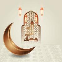 islamitische ramadan kareem kalligrafie ontwerp met luxe wassende maan, islamitische lantaarn en moskee patroon op islamitische achtergrond. vector