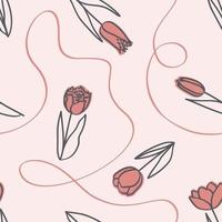naadloze lente patroon met tulpen en lint in lijn kunststijl vector