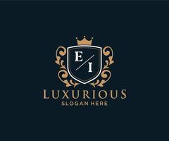 eerste ei brief Koninklijk luxe logo sjabloon in vector kunst voor restaurant, royalty, boetiek, cafe, hotel, heraldisch, sieraden, mode en andere vector illustratie.