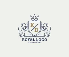 eerste kd brief leeuw Koninklijk luxe logo sjabloon in vector kunst voor restaurant, royalty, boetiek, cafe, hotel, heraldisch, sieraden, mode en andere vector illustratie.