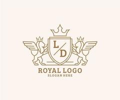 eerste ld brief leeuw Koninklijk luxe heraldisch, wapen logo sjabloon in vector kunst voor restaurant, royalty, boetiek, cafe, hotel, heraldisch, sieraden, mode en andere vector illustratie.