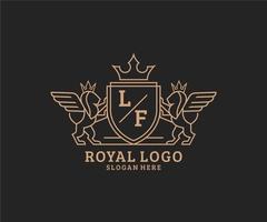 eerste lf brief leeuw Koninklijk luxe heraldisch, wapen logo sjabloon in vector kunst voor restaurant, royalty, boetiek, cafe, hotel, heraldisch, sieraden, mode en andere vector illustratie.