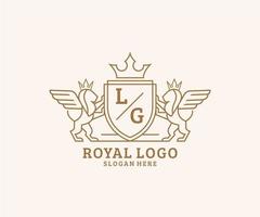 eerste lg brief leeuw Koninklijk luxe heraldisch, wapen logo sjabloon in vector kunst voor restaurant, royalty, boetiek, cafe, hotel, heraldisch, sieraden, mode en andere vector illustratie.