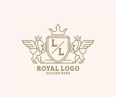 eerste ll brief leeuw Koninklijk luxe heraldisch, wapen logo sjabloon in vector kunst voor restaurant, royalty, boetiek, cafe, hotel, heraldisch, sieraden, mode en andere vector illustratie.