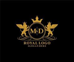 eerste md brief leeuw Koninklijk luxe heraldisch, wapen logo sjabloon in vector kunst voor restaurant, royalty, boetiek, cafe, hotel, heraldisch, sieraden, mode en andere vector illustratie.