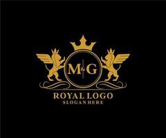 eerste mg brief leeuw Koninklijk luxe heraldisch, wapen logo sjabloon in vector kunst voor restaurant, royalty, boetiek, cafe, hotel, heraldisch, sieraden, mode en andere vector illustratie.