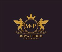 eerste smp brief leeuw Koninklijk luxe heraldisch, wapen logo sjabloon in vector kunst voor restaurant, royalty, boetiek, cafe, hotel, heraldisch, sieraden, mode en andere vector illustratie.