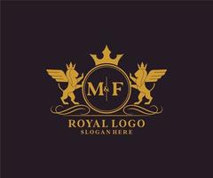 eerste mf brief leeuw Koninklijk luxe heraldisch, wapen logo sjabloon in vector kunst voor restaurant, royalty, boetiek, cafe, hotel, heraldisch, sieraden, mode en andere vector illustratie.