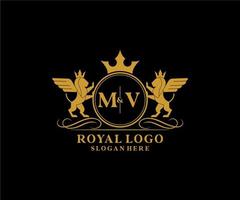eerste mv brief leeuw Koninklijk luxe heraldisch, wapen logo sjabloon in vector kunst voor restaurant, royalty, boetiek, cafe, hotel, heraldisch, sieraden, mode en andere vector illustratie.