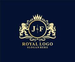 eerste jf brief leeuw Koninklijk luxe logo sjabloon in vector kunst voor restaurant, royalty, boetiek, cafe, hotel, heraldisch, sieraden, mode en andere vector illustratie.
