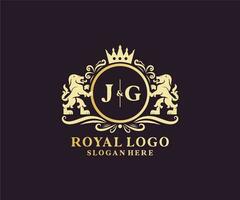 eerste jg brief leeuw Koninklijk luxe logo sjabloon in vector kunst voor restaurant, royalty, boetiek, cafe, hotel, heraldisch, sieraden, mode en andere vector illustratie.