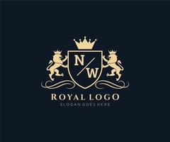 eerste nw brief leeuw Koninklijk luxe heraldisch, wapen logo sjabloon in vector kunst voor restaurant, royalty, boetiek, cafe, hotel, heraldisch, sieraden, mode en andere vector illustratie.