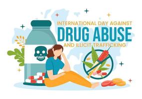 Internationale dag tegen drug misbruik en illegaal mensenhandel illustratie met anti verdovende middelen naar vermijden verdovende middelen in hand- getrokken Sjablonen illustratie vector