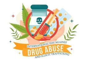 Internationale dag tegen drug misbruik en illegaal mensenhandel illustratie met anti verdovende middelen naar vermijden verdovende middelen in hand- getrokken Sjablonen illustratie vector