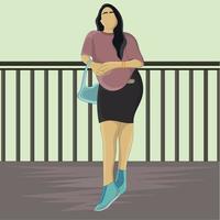 vlak ontwerp van een vrouw leunend Aan een hek hangende een handtas vector