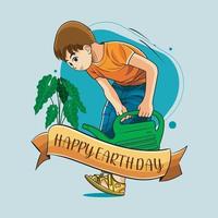 gelukkig aarde dag met een jongen gieter de planten vector illustratie pro downloaden