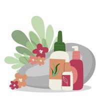 schoonheid kunstmatig producten bundel van biologisch schoonheidsmiddelen en bedenken items in flessen, buizen en potten. vector illustratie