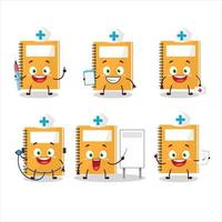 dokter beroep emoticon met oranje studie boek tekenfilm karakter vector