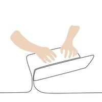 menselijk handen typen Aan laptop toetsenbord - een lijn tekening vector. concept werk van huis, tekstschrijver, editor of auteur vector