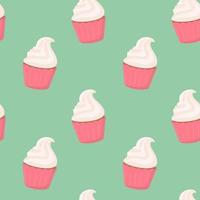 naadloos patroon van zoet heerlijk cupcakes met room Aan een licht groen achtergrond. vector illustratie van toetje in een vlak stijl.