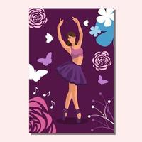 Kaukasisch wit gezichtsloos ballerina in een Purper tutu en pointe schoenen dansen Aan een Purper poster met bloemen en vlinders. vector illustratie in vlak stijl