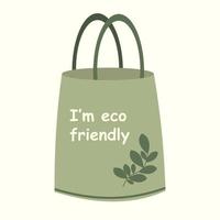 eco zak met tekst vector illustratie. herbruikbaar boodschappen doen zak met belettering ik ben eco vriendelijk. ecologie winkelen. handtas met typografie