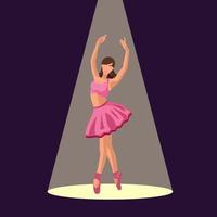 vector illustratie klassiek ballet. Kaukasisch wit ballerina in een roze tutu en pointe schoen dansen in de spotlight Aan donker Purper achtergrond. mooi jong gezichtsloos ballerina in een vlak stijl