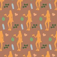 naadloos patroon met pictogrammen van geschiktheid Dames, Sportschool halters, flessen van water, harten, en appels. vector illustratie