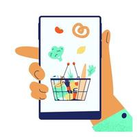 voedsel boodschappen doen onderhoud app. hand- houdt telefoon met vol boodschappen doen mand met boodschappen. bestellen voedsel concept. vlak vector illustratie.