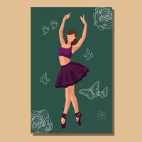 Kaukasisch wit gezichtsloos ballet danser in een Purper tutu en pointe schoenen dansen Aan een groen poster met bloemen en vlinders. vector illustratie in vlak stijl