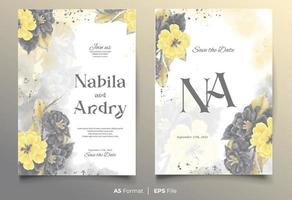 waterverf bruiloft uitnodiging kaart sjabloon met geel en zwart bloem ornament vector