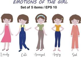 reeks van 5 emoties van een jong meisje vector in tekenfilm stijl. kind tekening stijl vlak vector in kleur. lief, schattig, verveeld, boos, verdrietig.