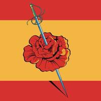 vector illustratie van een roos gekruiste door een zwaard Aan de Spaans vlag.