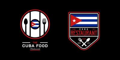 Cuba voedsel restaurant logo. Cuba vlag symbool met lepel, vork, en mes pictogrammen. Aan blauw, wit, en rood kleuren. premie en luxe vector illustratie