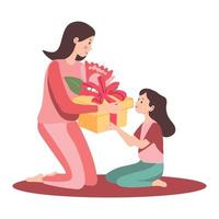 de kind geeft zijn moeder geschenk. vector tekenfilm illustratie voor moeder dag of verjaardag.