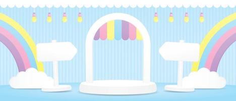 schattig boog Scherm staan met kleurrijk pastel luifel en regenboog en wit uithangbord Aan blauw verdieping en muur 3d illustratie vector voor zetten voorwerp in kawaii stijl