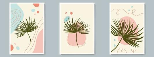 botanische muur kunst vector poster lente, zomer set. minimalistische tropische plant met abstracte eenvoudige vorm en lijnpatroon