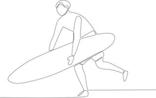 een Mens krijgen klaar naar zetten zijn surfboard Aan de strand vector