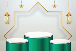 3d-productvertoning groen en wit islamitisch podiumthema met lantaarn en ster voor ramadan vector