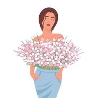 naakt vrouw met bloemen, mode meisje met boeket Aan haar kleren, broek, mooi meisje covers haar borsten met bloemen planten. illustratie voor achtergronden, groet kaarten en affiches. vector